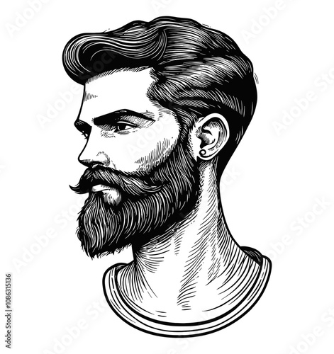 bearded hipster portrait engraving black and white outline