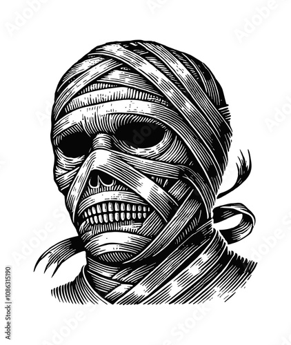 mummy engraving black and white outline