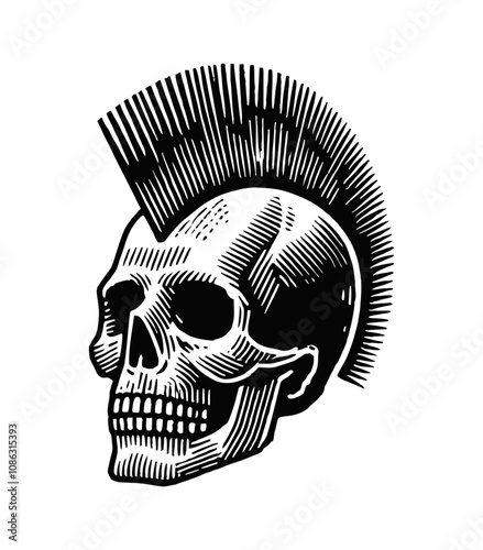 skull mohawk punk engraving black and white outline
