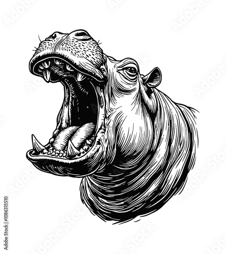 hippo head engraving black and white outline
