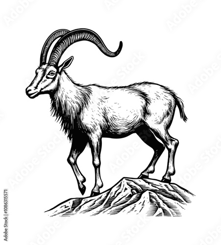ibex mountain goat engraving black and white outline
