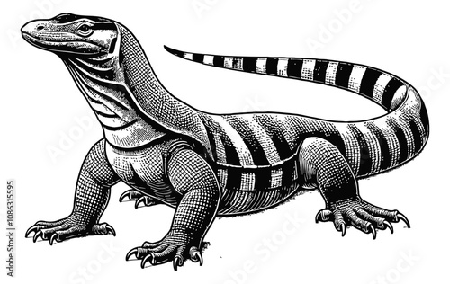 komodo engraving black and white outline