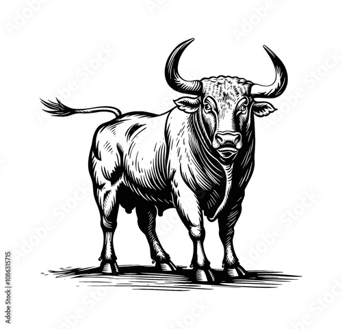 Spanish Fighting Bull engraving black and white outline