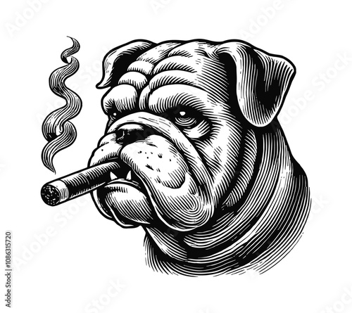 bulldog with a cigar in its mouth engraving black and white outline
