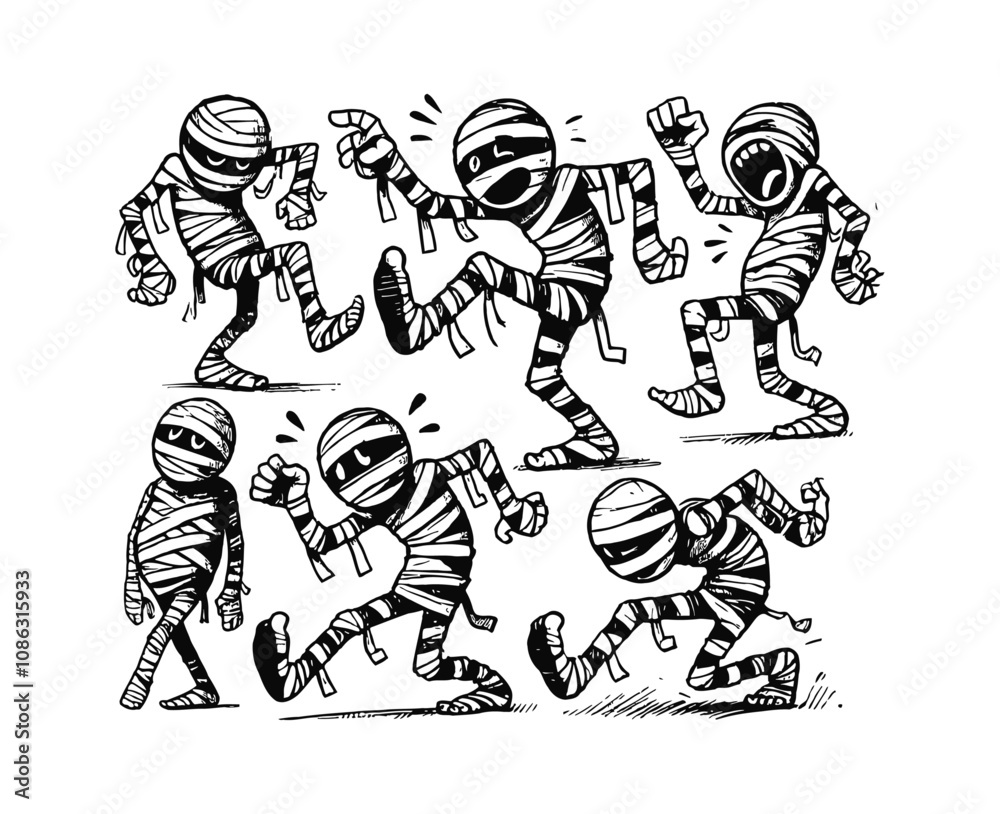 cartoon mummy engraving black and white outline cartoon mummy engraving black and white outline