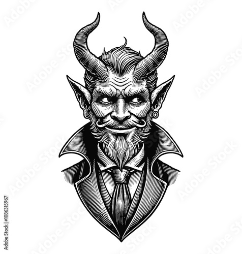 devil man suit engraving black and white outline