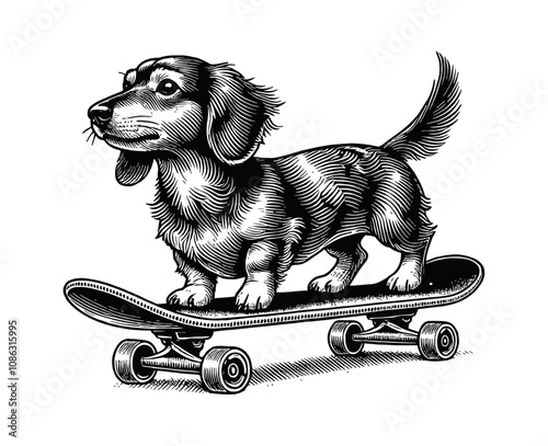 dachshund dog riding a skateboard engraving black and white outline
