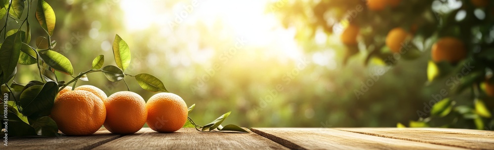 Three ripe oranges on a wooden table with a blurred background of an orange tree and a sunny day. Three ripe oranges on a wooden table with a blurred background of an orange tree and a sunny day.