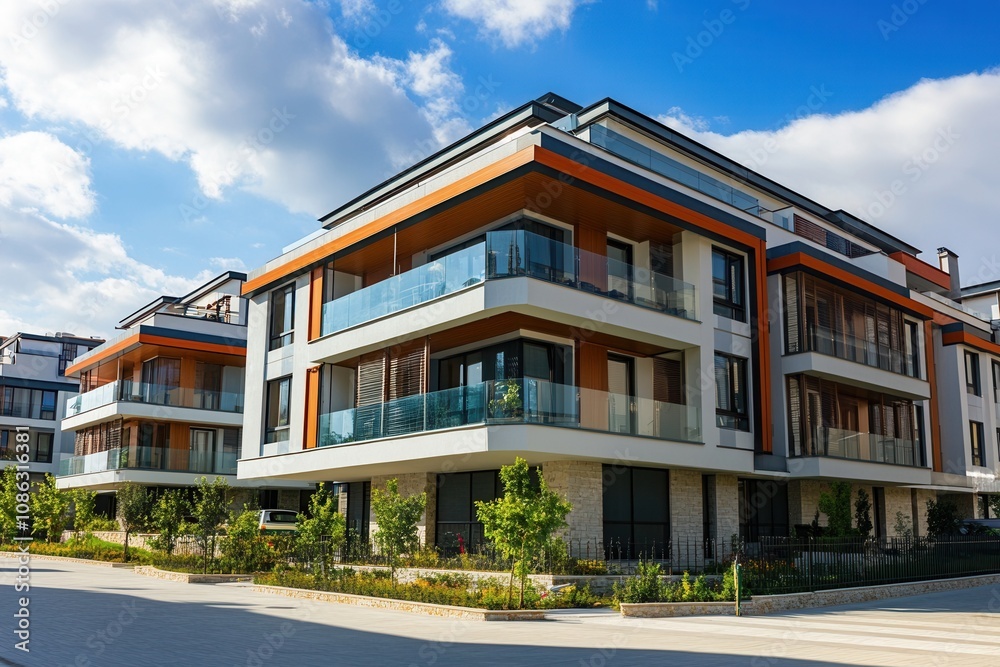 Modern apartment complex with balconies. Modern apartment complex with balconies.