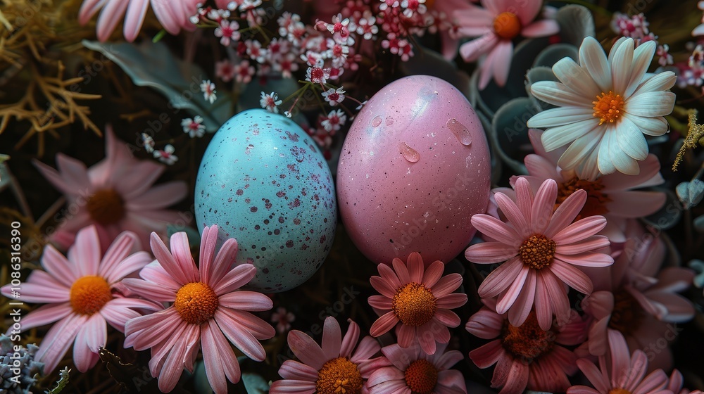 Easter eggs in pastel colors nestled in spring flowers Easter eggs in pastel colors nestled in spring flowers