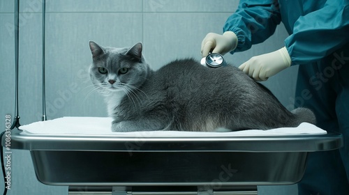 Gray Cat Undergoing Veterinary Examination photo