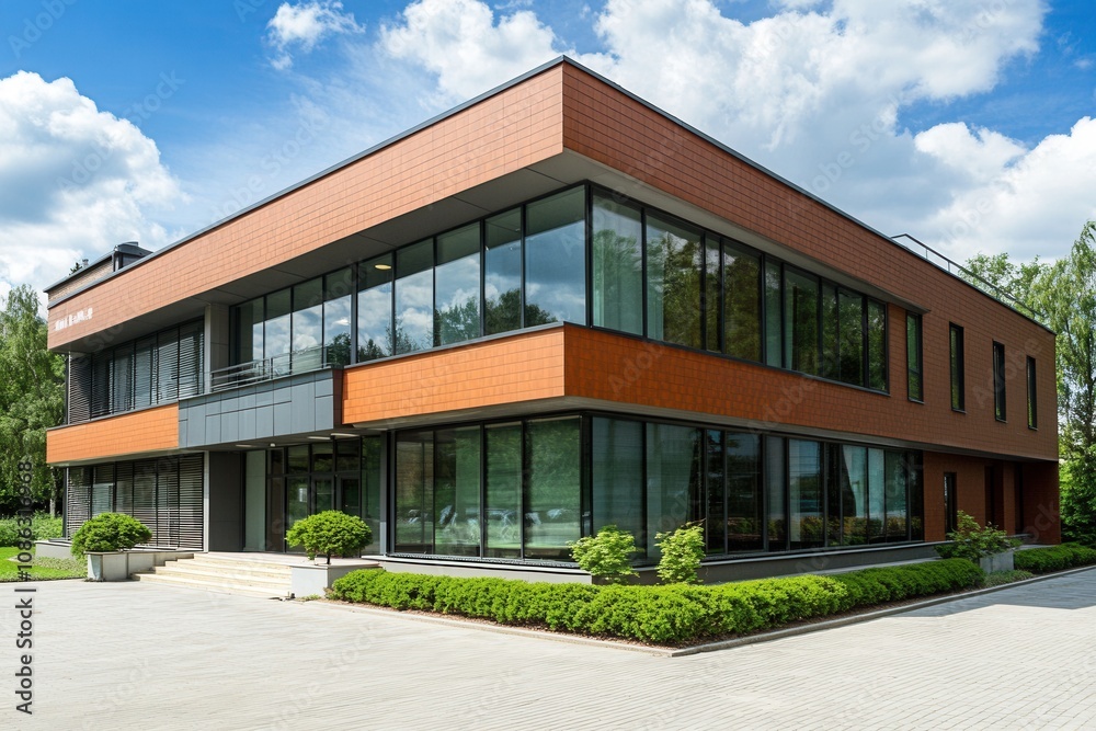 Modern brown and glass office building with a paved driveway. Modern brown and glass office building with a paved driveway.