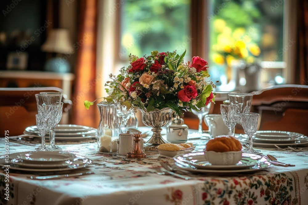 A beautifully set table with a floral centerpiece, elegant china, and crystal glasses, ready for a formal dinner. A beautifully set table with a floral centerpiece, elegant china, and crystal glasses, ready for a formal dinner.