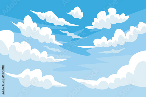 Vector Illustration of bright sky clouds in flat style. Cloudy vector cartoon illustration in blue color. Nature abstract wallpaper.