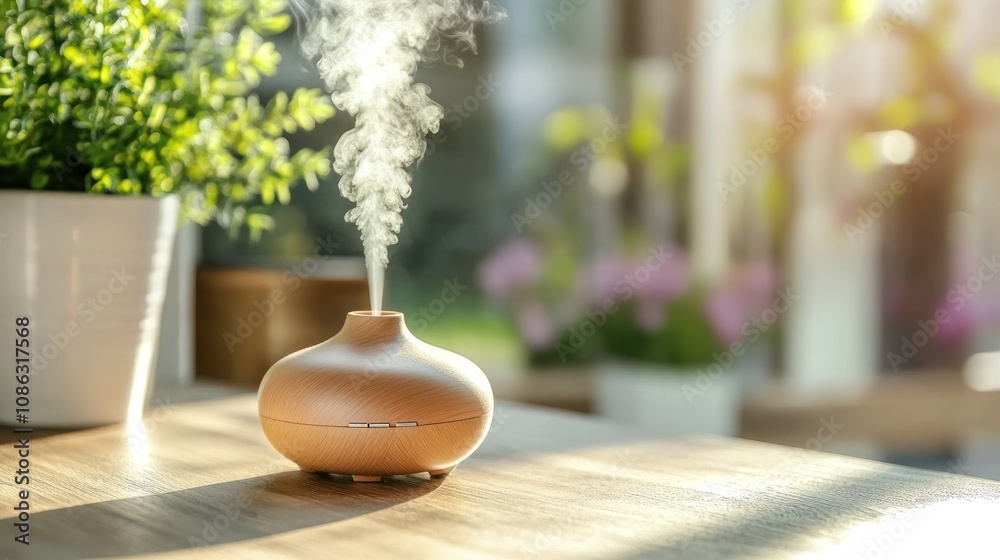 A wooden diffuser emitting steam, surrounded by greenery, creating a calming atmosphere. A wooden diffuser emitting steam, surrounded by greenery, creating a calming atmosphere.