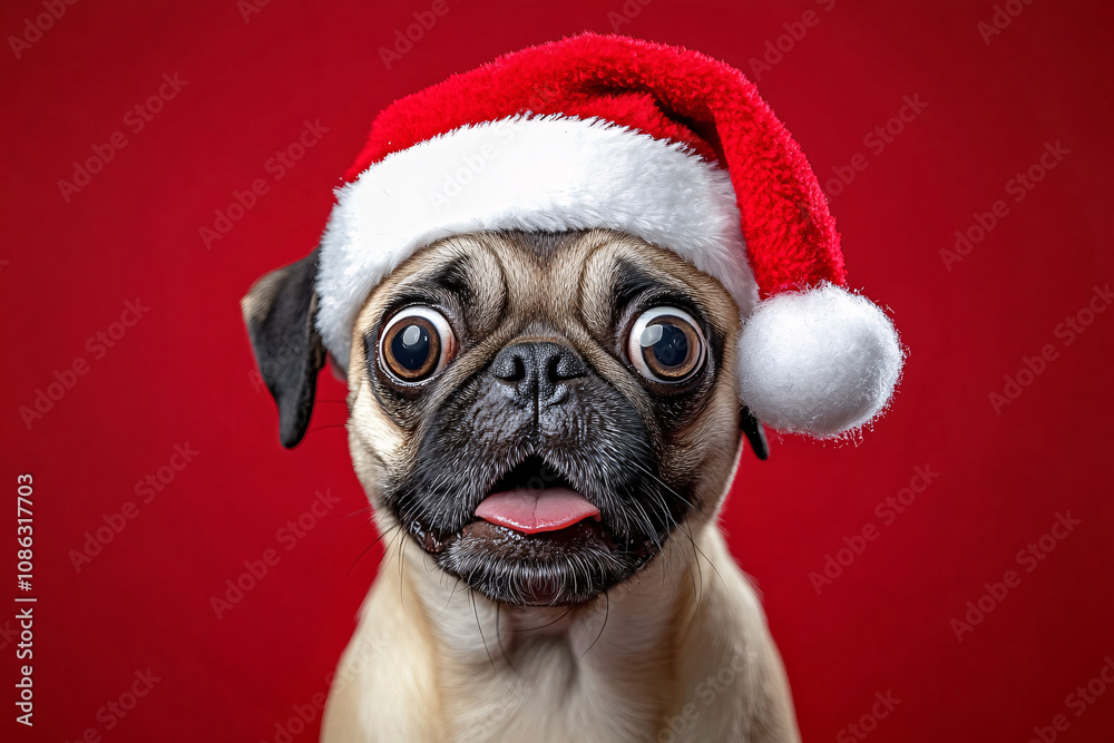 A surprised pug dog in a fluffy red Christmas hat against a bright red backdrop, perfect for holiday greeting cards, festive promotions, and seasonal marketing.