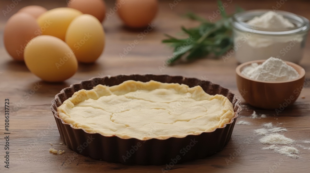 A tart shell with eggs and flour, ready for baking. A tart shell with eggs and flour, ready for baking.