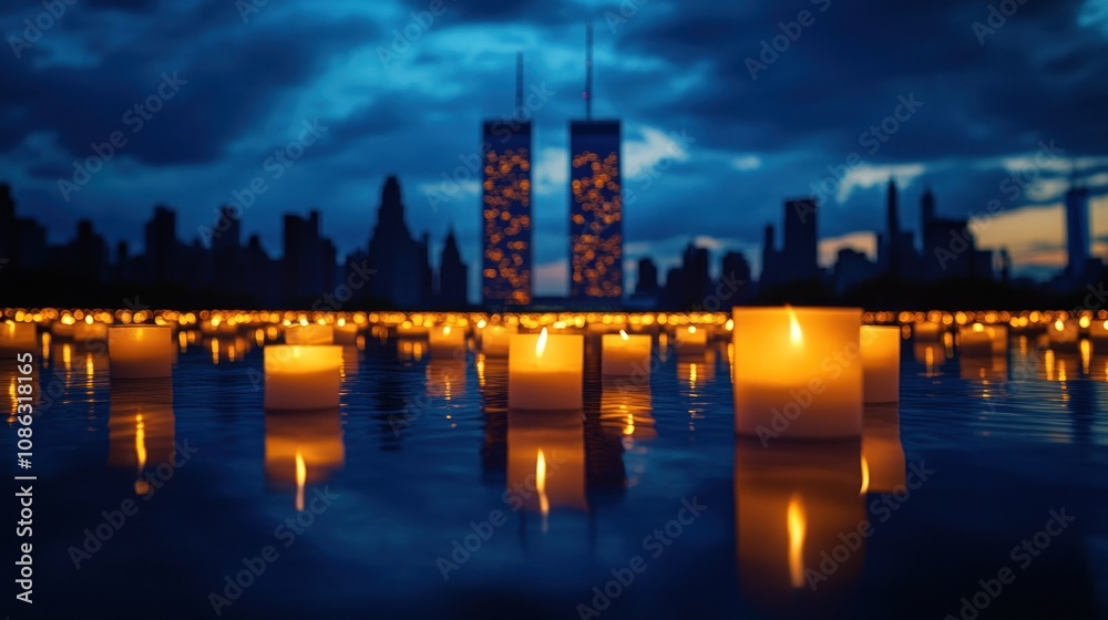 Fototapeta premium A serene evening scene with candles reflecting near the Twin Towers, symbolizing remembrance.