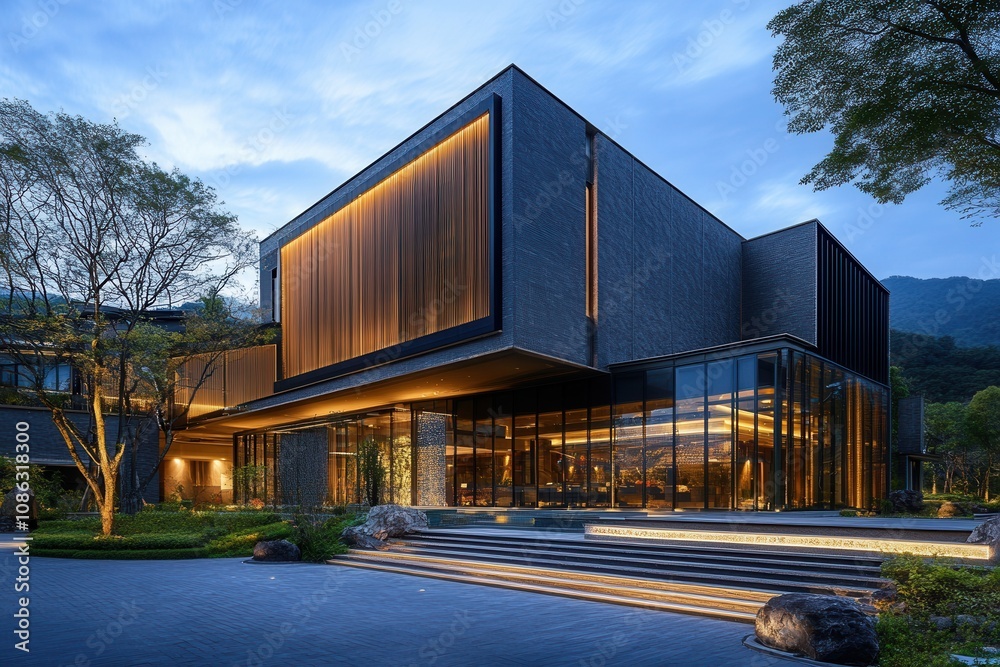 Fototapeta premium Modern building with illuminated facade and landscaping at dusk.