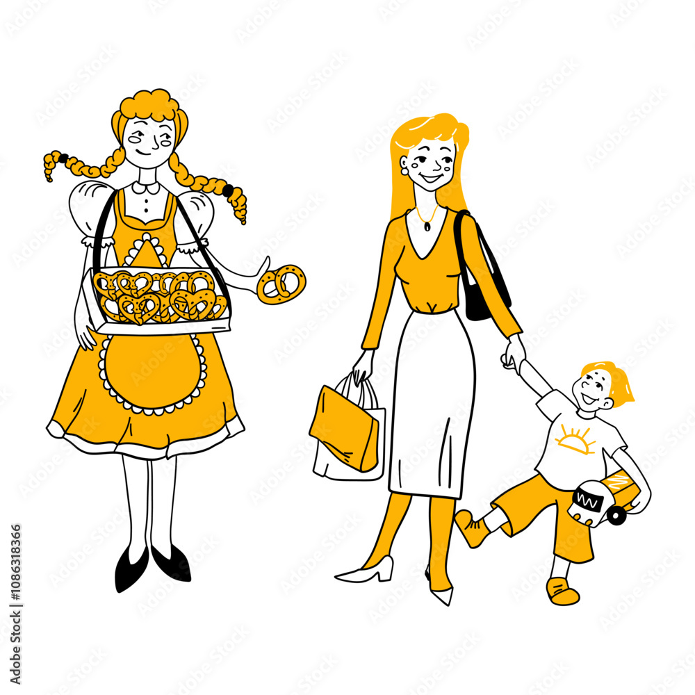 Happy woman with boy holding shopping paper bags. Mother and child son purchase in shop, supermarket. Family buy holiday Oktoberfest pretzel. Cartoon hand drawn line flat vector illustration isolated