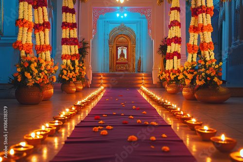 an ornate entrance decorated for diwali, with rows of softly glowing diyas, garlands of fresh flowers.