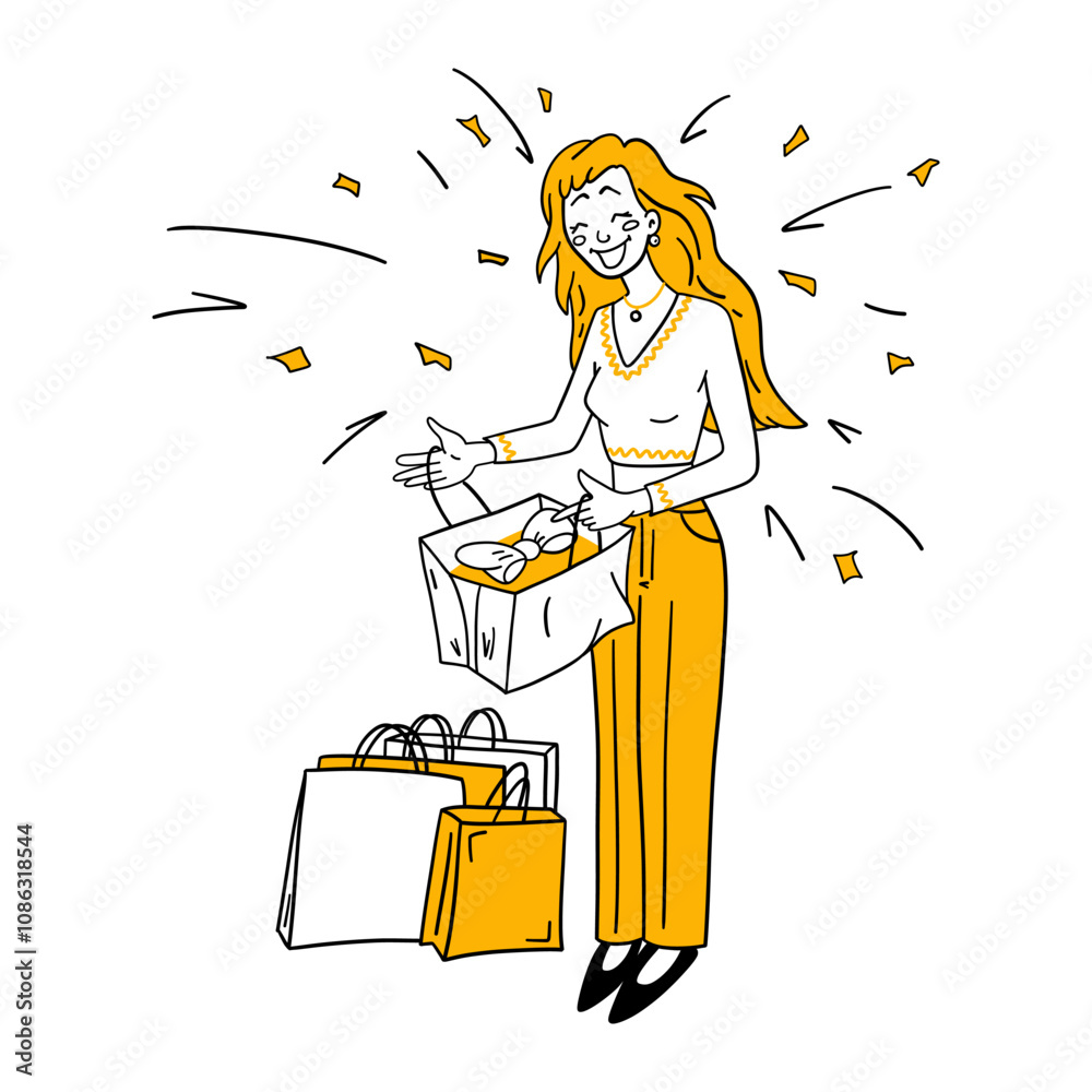 Obraz premium Happy woman holding shopping paper bag with gift. Cheerful girl holiday purchase present in shop or supermarket. Cartoon hand drawn flat line vector illustration isolated on white background