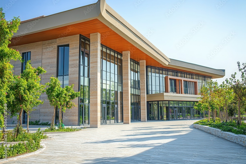 Modern building with large glass windows and stone facade. Modern building with large glass windows and stone facade.