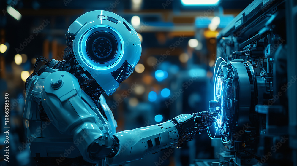 Futuristic Robot Operating Advanced Machinery in Factory Futuristic Robot Operating Advanced Machinery in Factory