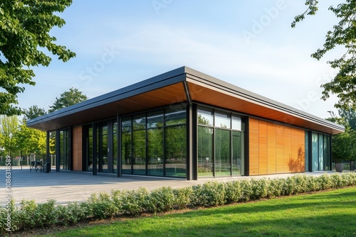 Wallpaper Mural Modern building with large glass windows and wooden siding. Torontodigital.ca