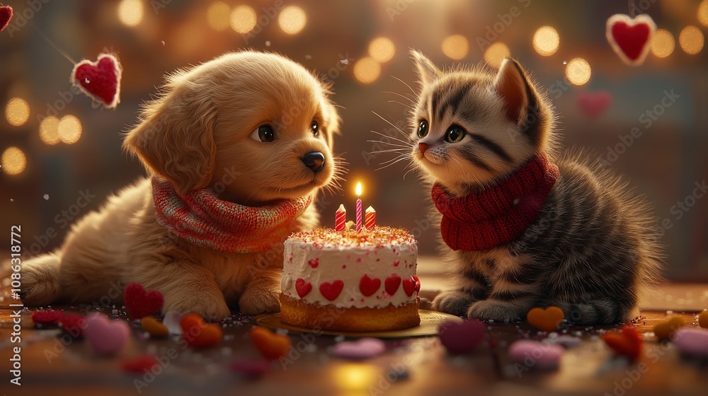 Adorable Golden Retriever Puppy and Kitten Celebrating Birthday with Cake Adorable Golden Retriever Puppy and Kitten Celebrating Birthday with Cake