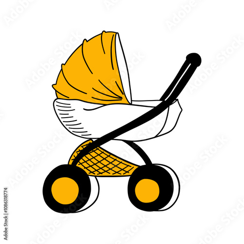 Baby Carriage. Cartoon stroller for newborn baby. Cute cartoon element in vintage style. Flat hand drawing doodle vector illustration isolated on white background 