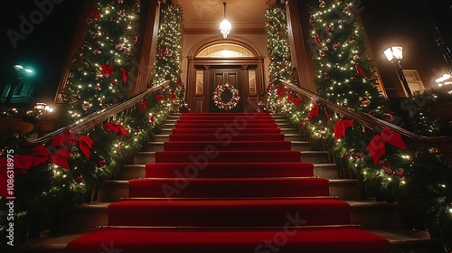 Grand holiday entryway with towering garlands, wreaths, and a red carpeted staircase with festive lighting