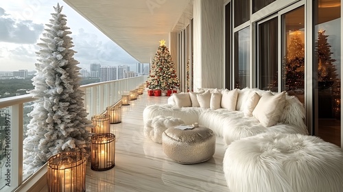 High-rise balcony decorated for Christmas with minimalist lanterns, a white Christmas tree, and an elegant seating area with fluffy pillows
