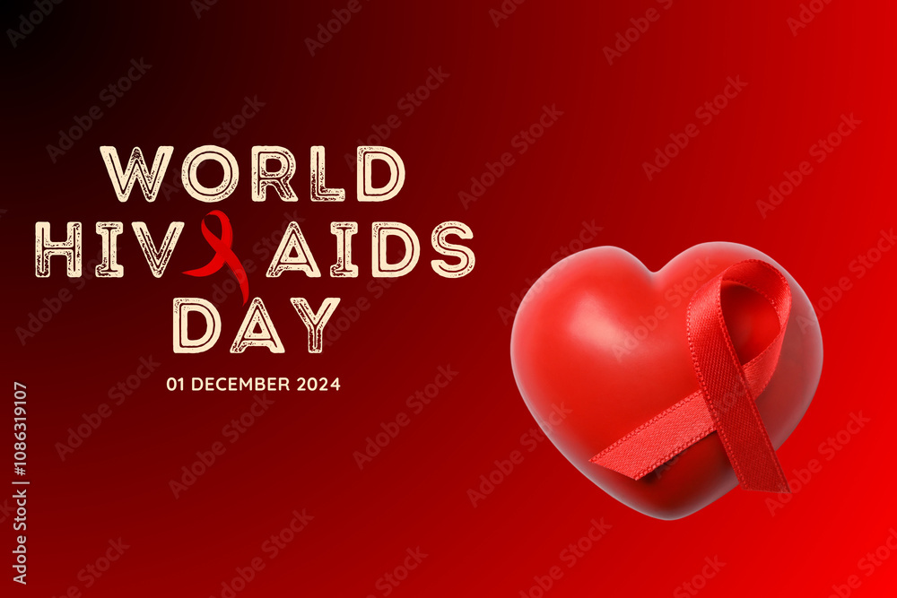 AIDS day, red ribbon and heart on a red background with text AIDS day, red ribbon and heart on a red background with text