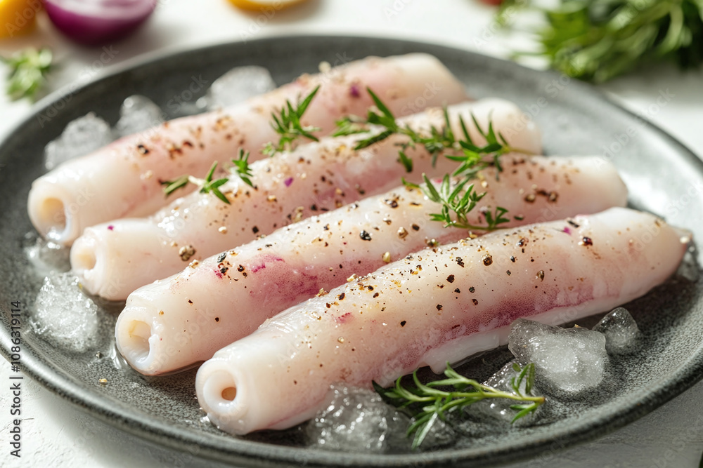 Raw squid displayed on a simple plate with herbs and ice, ready for grilling. Raw squid displayed on a simple plate with herbs and ice, ready for grilling.