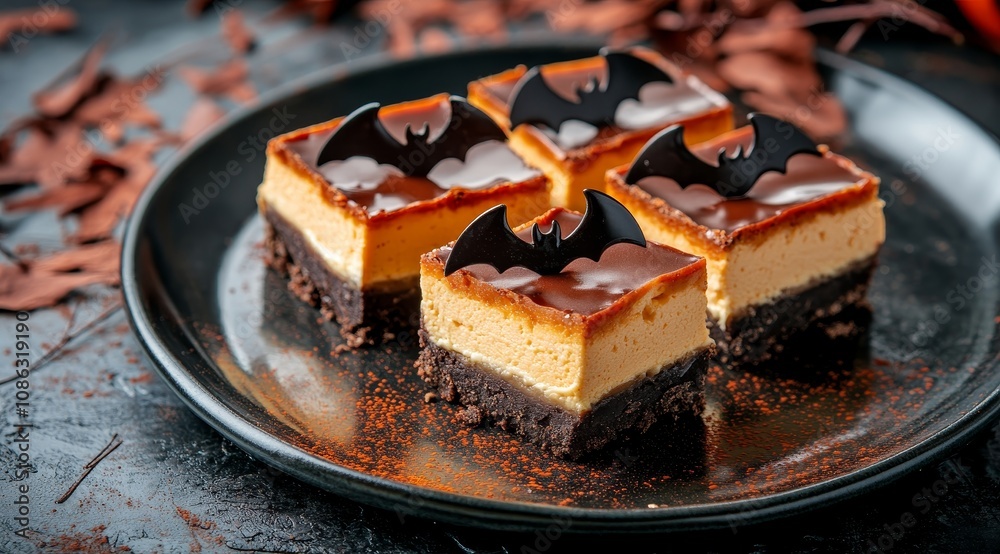 Four Halloween-themed cheesecake squares with chocolate topping and bat decorations on a black plate. Four Halloween-themed cheesecake squares with chocolate topping and bat decorations on a black plate.