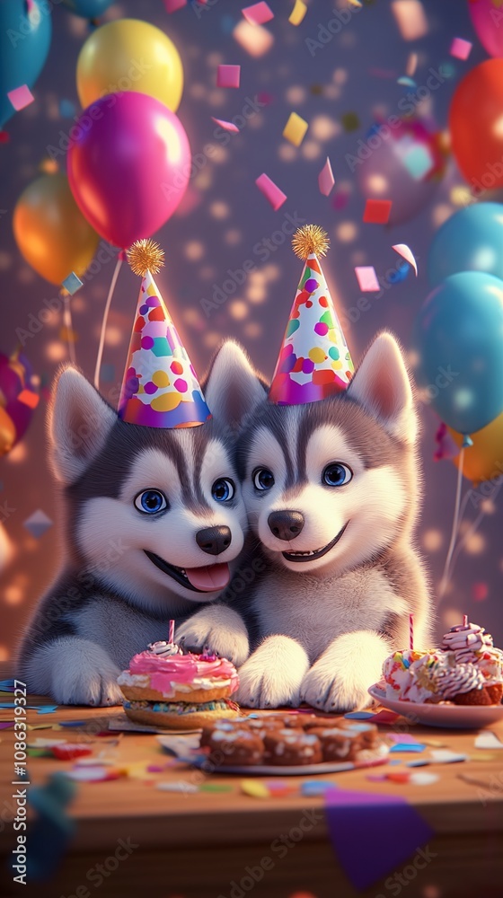 Adorable Husky Puppies Celebrate Birthday with Festive Treats Adorable Husky Puppies Celebrate Birthday with Festive Treats