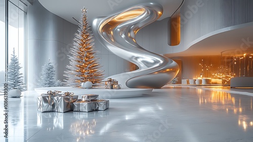 Futuristic Christmas decor in a modern apartment with an all-silver and white theme, featuring an abstract Christmas tree sculpture and metallic presents with holographic ribbons