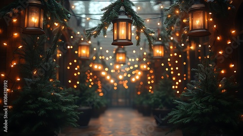 Festive indoor winter garden with hanging lanterns, evergreen branches, and string lights creating a warm, magical atmosphere