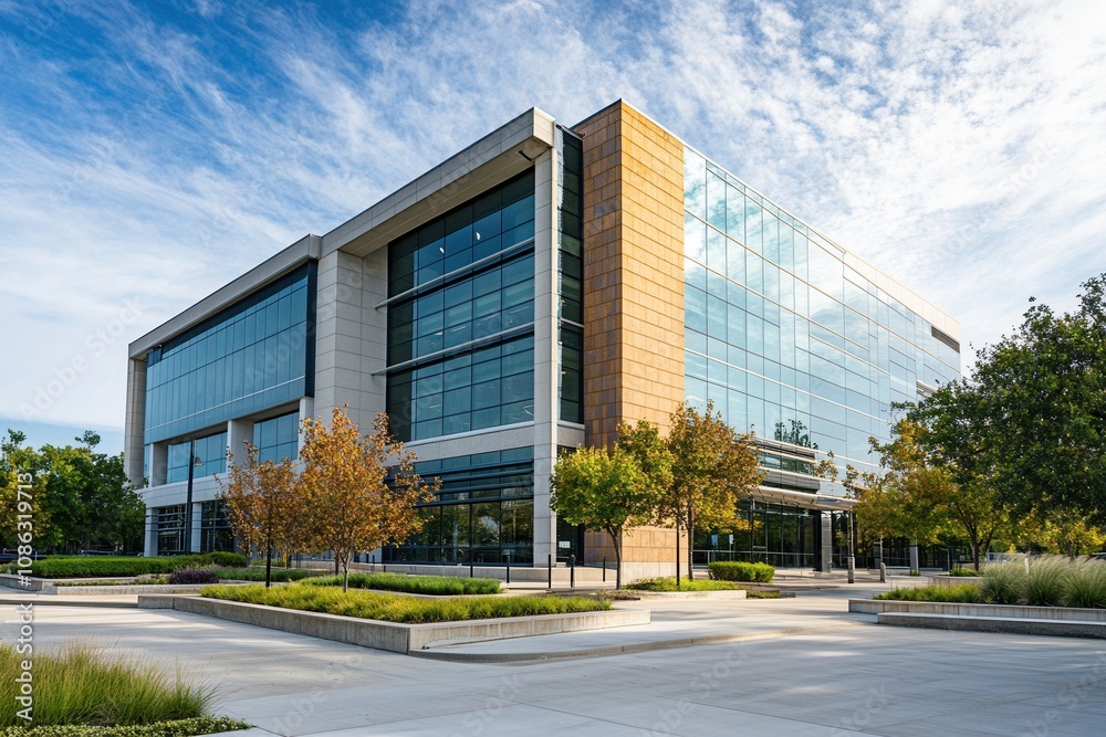 Modern glass and stone office building with landscaped grounds. Modern glass and stone office building with landscaped grounds.