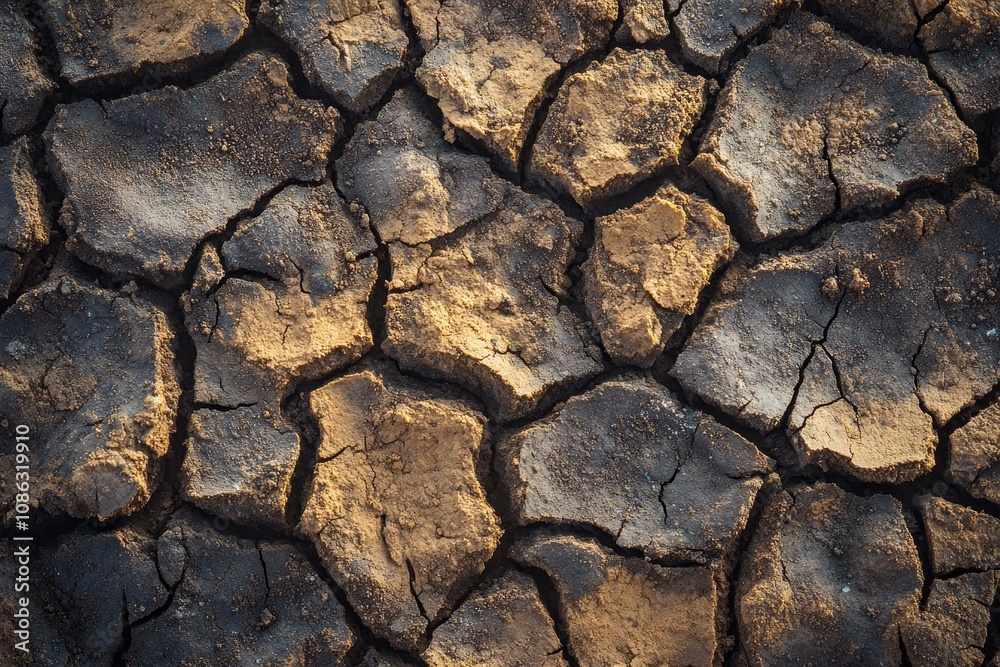 Close-up of cracked, dry soil, with a rough, textured surface.