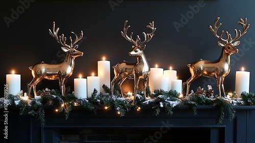 Elegant Christmas mantle design with sleek, metallic reindeer figures, white candles, and greenery with twinkling fairy lights, all set against a minimalist, matte black fireplace