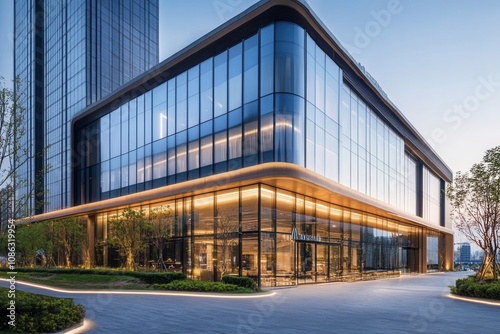 Modern glass building with illuminated entrance and landscaping.