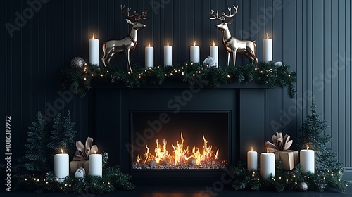 Elegant Christmas mantle design with sleek, metallic reindeer figures, white candles, and greenery with twinkling fairy lights, all set against a minimalist, matte black fireplace