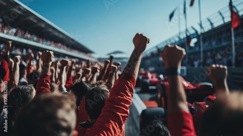 A crowd cheers as a race car speeds by on a sunny day at a motorsport event.