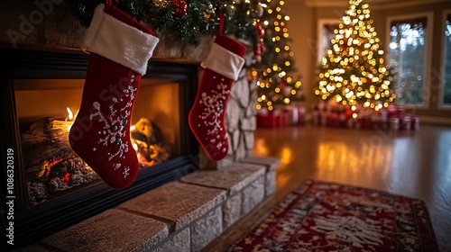 Classic holiday fireplace decor with stockings, garlands, and a beautifully lit tree in the background