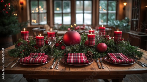 Classic holiday dining room setup with greenery, red candles, and plaid napkins in a cozy, festive ambiance