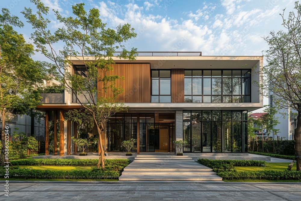 Modern house with large windows and wooden accents. Modern house with large windows and wooden accents.