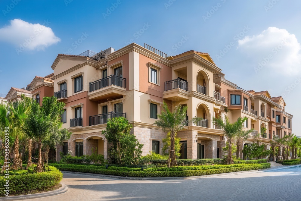Modern luxury apartment building with palm trees and a paved driveway. Modern luxury apartment building with palm trees and a paved driveway.
