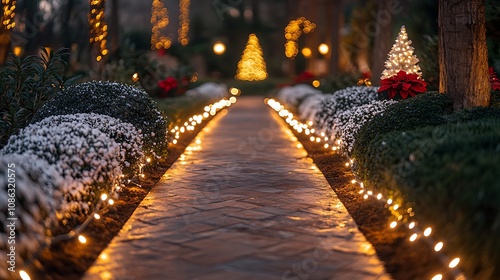 Christmas-themed garden pathway with white lights, decorated bushes, and a small Christmas tree at the end